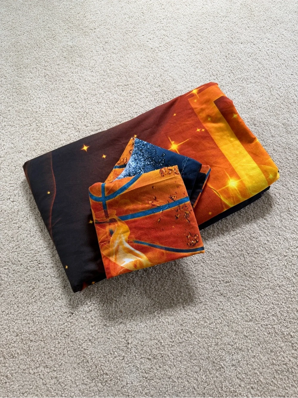 Flaming Basketball Print Bedding duvet set - Orange/black/blue. Queen